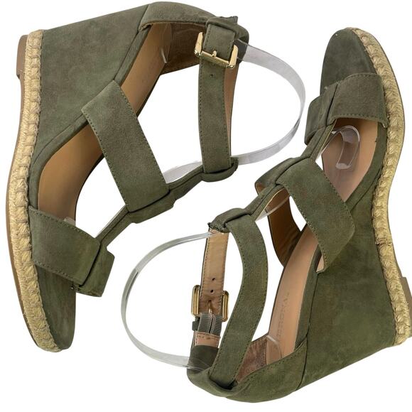 Merona Womens Open Toe Faux Suede 4" Wedge Olive Green Gold Buckle Strappy S 9 - Picture 6 of 12